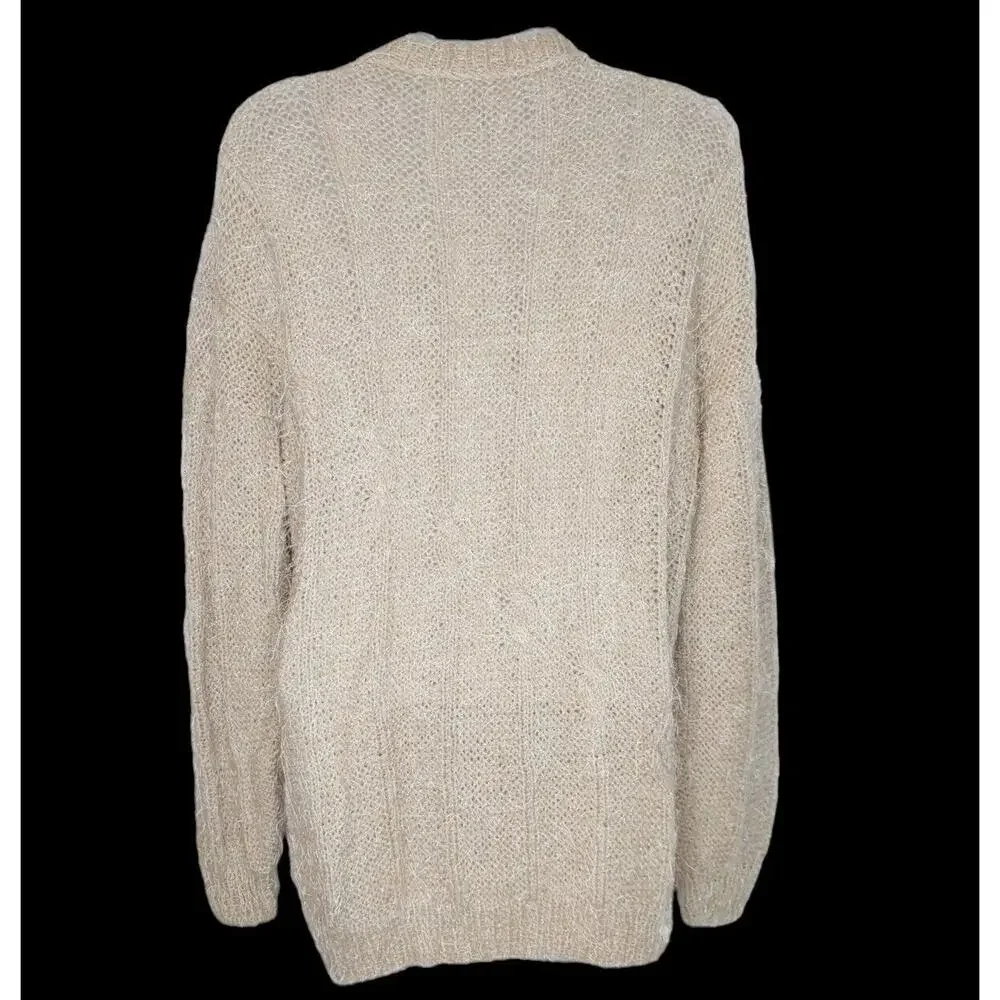 Women's M/L Hand Knit Handmade Pullover Sweater Beige Eyelash Cable‎ Mock Neck